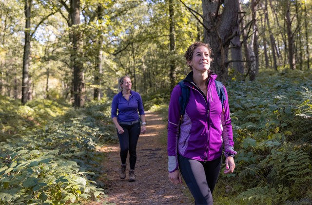Twee vrouwen wandelen door het bos